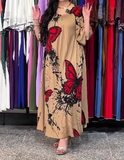 Khaki Red Butterfly Print Loose Dress