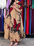 Khaki Red Butterfly Print Loose Dress