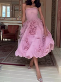 Pink Floral Strapless Puffy Dress