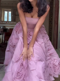 Pink Floral Strapless Puffy Dress