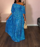 Blue Floral One Shoulder Elegant Long Dress