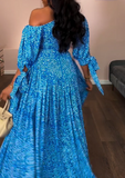 Blue Floral One Shoulder Elegant Long Dress