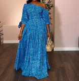 Blue Floral One Shoulder Elegant Long Dress
