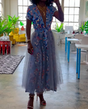 Tulle Printed V-neck Dress