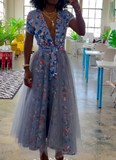 Tulle Printed V-neck Dress
