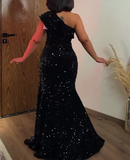Black Shiny One Shoulder Slit Dress