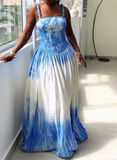 Blue And White Swoosh Halter Dress