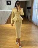 Yellow Elegant Suit Half Skirt Two Piece Set