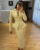 Yellow Elegant Suit Half Skirt Two Piece Set