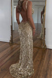 Gold Backless Sparkly Slit Holder Dress