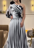 Black And White Printed One-Shoulder Chiffon Long Dress