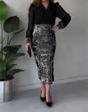 Black Elegant Spliced Silver Shiny Dress