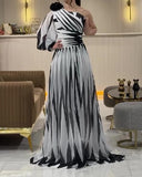 Black And White Printed One-Shoulder Chiffon Long Dress