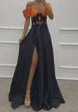 Orange And Black Stitched Waist Slit Dress