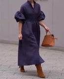 Pleated Bubble Sleeve Long Dress Blue