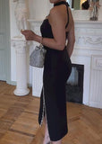 Black Strapless Slit Silver Trim Slimming Dress