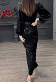 Black Velvet Top Shiny Skirt Two Piece Set