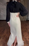 Black And White Splicing Elegant Slim Skirt Side Woolen Long Dress