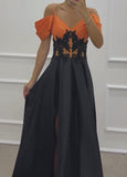 Orange And Black Stitched Waist Slit Dress