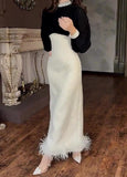 Black And White Splicing Elegant Slim Skirt Side Woolen Long Dress