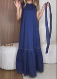 Blue Sleeveless Slim Pocket Belted Dress