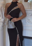 Black Strapless Slit Silver Trim Slimming Dress