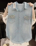 Blue Shimmer Embellished Silk Blouse