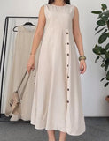 Beige Sleeveless Button Slit Dress