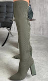 Green Stretch Knit Thigh High Boots