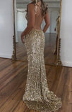 Gold Backless Sparkly Slit Holder Dress