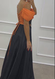 Orange And Black Stitched Waist Slit Dress