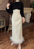 Black And White Splicing Elegant Slim Skirt Side Woolen Long Dress