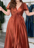 Orange Pleated V-Neck Maxi Dress