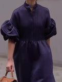 Pleated Bubble Sleeve Long Dress Blue