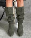 Green Stretch Knit Thigh High Boots