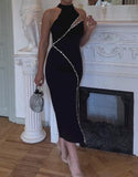 Black Strapless Slit Silver Trim Slimming Dress