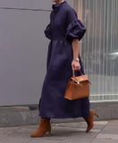 Pleated Bubble Sleeve Long Dress Blue