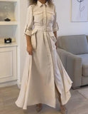 White Shirt Belt Elegant Long Dress