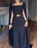 Black Square Neck Elegant Long Sleeve Dress