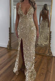 Gold Backless Sparkly Slit Holder Dress