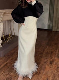 Black And White Splicing Elegant Slim Skirt Side Woolen Long Dress